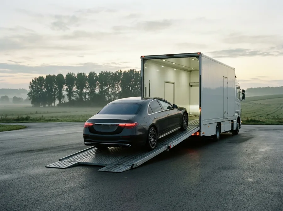 Bil køres op på en lukket biltransporter ved daggry